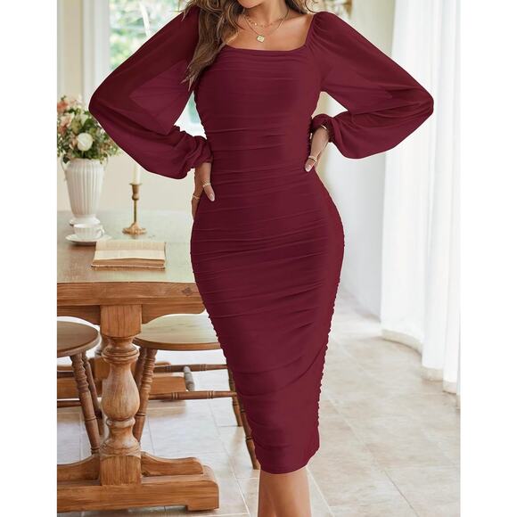 MEROKEETY Wine Red Ruched Bodycon Puff Sleeve Mesh Cocktail Party Midi Dress - Picture 5 of 13